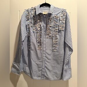 Maeve by Anthropologie Blue and White Striped Button Down Shirt